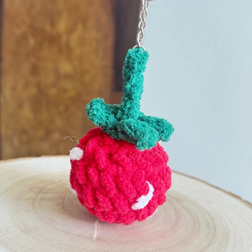 Handmade Strawberry Crochet Plushie Keychain – Soft Chenille Yarn Mini Bag Charm